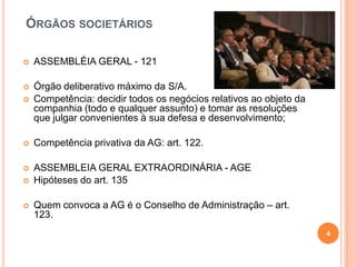 ÓRGÃOS SOCIETÁRIOS


ASSEMBLÉIA GERAL - 121




Órgão deliberativo máximo da S/A.
Competência: decidir todos os negócios relativos ao objeto da
companhia (todo e qualquer assunto) e tomar as resoluções
que julgar convenientes à sua defesa e desenvolvimento;



Competência privativa da AG: art. 122.



ASSEMBLEIA GERAL EXTRAORDINÁRIA - AGE
Hipóteses do art. 135




Quem convoca a AG é o Conselho de Administração – art.
123.
4

 