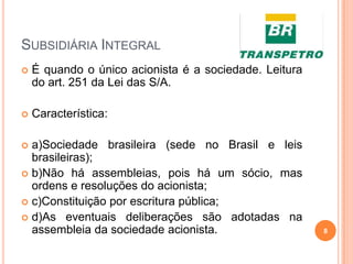 SUBSIDIÁRIA INTEGRAL


É quando o único acionista é a sociedade. Leitura
do art. 251 da Lei das S/A.



Característica:

a)Sociedade brasileira (sede no Brasil e leis
brasileiras);
 b)Não há assembleias, pois há um sócio, mas
ordens e resoluções do acionista;
 c)Constituição por escritura pública;
 d)As eventuais deliberações são adotadas na
assembleia da sociedade acionista.


8

 