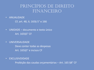 Princípios de Direito
Financeiro
• ANUALIDADE
CF, art. 48, II; 165§ 5° e 166
• UNIDADE – documento e texto único
Art. 165§5° CF
• UNIVERSALIDADE
Deve conter todas as despesas
Art. 165§5° e incisos CF
• EXCLUSIVDIDADE
Proibição das caudas orçamentárias – Art. 165 §8° CF
 