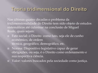 Nas últimas quatro décadas o problema da
tridimensionalidade do Direito tem sido objeto de estudos
sistemáticos até culminar na conclusão de Miguel
Reale, quais sejam:
 Fato social: o Direito como fato, seja ele de cunho
econômico, de ordem
técnica, geográfico, demográfico, etc.
 Norma: Dispositivo legislativo capaz de gerar
obrigações, ou seja, é o Direito como ordenamento e
sua respectiva ciência.
 Valor: valores buscados pela sociedade como justiça.

 
