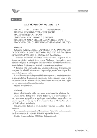 DIREITO GLOBAL II

ANEXO VI
RECURSO ESPECIAL Nº 512.401 — SP
RECURSO ESPECIAL Nº 512.401 — SP (2003/0027639-5)
RELATOR: MINISTRO CESAR ASFOR ROCHA
RECORRENTE: JÚLIO SIMÕES
ADVOGADO: RENAN LOTUFO E OUTROS
RECORRIDO: MARIA CESALTINA CONCEIÇÃO DUARTE
ADVOGADO: CARLOS ALBERTO LABORDA BARÃO E OUTRO
EMENTA
DIREITO INTERNACIONAL PRIVADO E CIVIL. INVESTIGAÇÃO
DE PATERNIDADE DE ESTRANGEIRO. REGISTRO EM SUA PÁTRIA
DE ORIGEM. APLICAÇÃO DA LEGISLAÇÃO BRASILEIRA.
O elemento de conexão, no conflito de leis no espaço, estipulado no ordenamento pátrio, é o domicílio da pessoa. Ainda que a concepção, o nascimento e o registro da investigante tenham ocorrido no exterior, estando ela
domiciliada no Brasil, deve ser aplicado o ordenamento nacional.
A demanda pela paternidade real, fundada na falsidade de registro, não
tem prazo decadencial, mesmo antes da promulgação da Carta Magna. Precedente da Segunda Seção.
A ação de investigação de paternidade não depende da prévia propositura
da ação anulatória do assento de nascimento do investigante, tendo o filho
interesse de buscar a paternidade real, a despeito de reconhecido como legítimo por terceiro com falsidade ideológica.
Recurso não conhecido.
ACÓRDÃO
Vistos, relatados e discutidos estes autos, acordam os Srs. Ministros da
Quarta Turma do Superior Tribunal de Justiça, na conformidade dos votos e das notas taquigráficas a seguir, por unanimidade, não conhecer do
recurso especial, com revogação de liminar concedida na Medida Cautelar n.
5.832-SP, julgada prejudicada.
Votaram com o Relator os Srs. Ministros Fernando Gonçalves e Barros
Monteiro.
Ausente, ocasionalmente, o Sr. Ministro Aldir Passarinho Junior. Ausente,
justificadamente, o Sr. Ministro Sálvio de Figueiredo Teixeira.
Brasília, 14 de outubro de 2003 (data do julgamento).

FGV DIREITO RIO

412

 