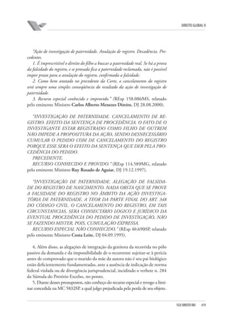 DIREITO GLOBAL II

“Ação de investigação de paternidade. Anulação de registro. Decadência. Precedentes.
1. É imprescritível o direito do filho a buscar a paternidade real. Se há a prova
da falsidade do registro, e se provada fica a paternidade reclamada, não é possível
impor prazo para a anulação do registro, confirmada a falsidade.
2. Como bem anotado no precedente da Corte, o cancelamento do registro
será sempre uma simples conseqüência do resultado da ação de investigação de
paternidade.
3. Recurso especial conhecido e improvido.” (REsp 158.086⁄MS, relatado
pelo eminente Ministro Carlos Alberto Menezes Direito, DJ 28.08.2000).
“INVESTIGAÇÃO DE PATERNIDADE. CANCELAMENTO DE REGISTRO. EFEITO DA SENTENÇA DE PROCEDÊNCIA. O FATO DE O
INVESTIGANTE ESTAR REGISTRADO COMO FILHO DE OUTREM
NÃO IMPEDE A PROPOSITURA DA AÇÃO, SENDO DESNECESSÁRIO
CUMULAR O PEDIDO COM DE CANCELAMENTO DO REGISTRO
PORQUE ESSE SERA O EFEITO DA SENTENÇA QUE DER PELA PROCEDÊNCIA DO PEDIDO.
PRECEDENTE.
RECURSO CONHECIDO E PROVIDO.” (REsp 114.589⁄MG, relatado
pelo eminente Ministro Ruy Rosado de Aguiar, DJ 19.12.1997).
“INVESTIGAÇÃO DE PATERNIDADE. ALEGAÇÃO DE FALSIDADE DO REGISTRO DE NASCIMENTO. NADA OBSTA QUE SE PROVE
A FALSIDADE DO REGISTRO NO ÂMBITO DA AÇÃO INVESTIGATÓRIA DE PATERNIDADE, A TEOR DA PARTE FINAL DO ART. 348
DO CÓDIGO CIVIL. O CANCELAMENTO DO REGISTRO, EM TAIS
CIRCUNSTANCIAS, SERA CONSECTÁRIO LOGICO E JURÍDICO DA
EVENTUAL PROCEDÊNCIA DO PEDIDO DE INVESTIGAÇÃO, NÃO
SE FAZENDO MISTER, POIS, CUMULAÇÃO EXPRESSA.
RECURSO ESPECIAL NÃO CONHECIDO.” (REsp 40.690⁄SP, relatado
pelo eminente Ministro Costa Leite, DJ 04.09.1995).
4. Além disso, as alegações de integração da genitora da recorrida no pólo
passivo da demanda e da impossibilidade de o recorrente sujeitar-se à perícia
antes de comprovado que o marido da mãe da autora não é seu pai biológico
estão deficientemente fundamentadas, ante a ausência de indicação de norma
federal violada ou de divergência jurisprudencial, incidindo o verbete n. 284
da Súmula do Pretório Excelso, no ponto.
5. Diante desses pressupostos, não conheço do recurso especial e revogo a liminar concedida na MC 5832⁄SP a qual julgo prejudicada pela perda de seu objeto.
,

FGV DIREITO RIO

419

 
