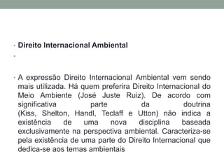 Direito Internacional Ambiental A expressão Direito Internacional Ambiental vem sendo mais utilizada. Há quem preferira Direito Internacional do Meio Ambiente (José Juste Ruiz). De acordo com significativa parte da doutrina (Kiss, Shelton, Handl, Teclaff e Utton) não indica a existência de uma nova disciplina baseada exclusivamente na perspectiva ambiental. Caracteriza-se pela existência de uma parte do Direito Internacional que dedica-se aos temas ambientais 