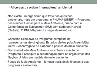 Alicerces da ordem internacional ambiental Não existe um organismo que trate das questões ambientais, mais um programa, o PNUMA (UNEP) – Programa das Nações Unidas para o Meio Ambiente, criado com a Conferência de Estocolmo (1972) com sede em Nairóbi (Quênia). O PNUMA possui a seguinte estrutura:Conselho Executivo do Programa: composto de representantes de cinqüenta Estados eleitos pela Assembléia Geral – encarregado de elaborar a política do meio ambienteSecretariado do Meio Ambiente – centraliza a ação do Programa e assegura a coordenação entre os organismos das Nações Unidas em matéria de meio ambienteFundo do Meio Ambiente – fornece assistência financeira aos programas ambientais