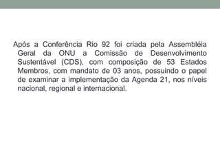 Após a Conferência Rio 92 foi criada pela Assembléia Geral da ONU a Comissão de Desenvolvimento Sustentável (CDS), com composição de 53 Estados Membros, com mandato de 03 anos, possuindo o papel de examinar a implementação da Agenda 21, nos níveis nacional, regional e internacional.