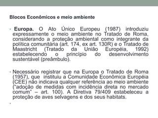 Blocos Econômicos e meio ambienteEuropa. O Ato Único Europeu (1987) introduziu expressamente o meio ambiente no Tratado de Roma, considerando a proteção ambiental como integrante da política comunitária (art. 174, ex art. 130R) e o Tratado de Maastricht (Tratado da União Européia, 1992) estabelecendo o princípio do desenvolvimento sustentável (preâmbulo). Necessário registrar que na EuropaoTratado de Roma (1957), que  instituiu a Comunidade Econômica Européia (CEE) não indicava qualquer referência ao meio ambiente (“adoção de medidas com incidência direta no mercado comum” – art. 100). A Diretiva 79/409 estabeleceu a proteção de aves selvagens e dos seus habitats.  