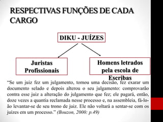 DIKU - JUÍZES
Juristas
Profissionais
Homens letrados
pela escola de
Escribas
“Se um juiz fez um julgamento, tomou uma decisão, fez exarar um
documento selado e depois alterou o seu julgamento: comprovarão
contra esse juiz a alteração do julgamento que fez; ele pagará, então,
doze vezes a quantia reclamada nesse processo e, na assembleia, fá-lo-
ão levantar-se de seu trono de juiz. Ele não voltará a sentar-se com os
juízes em um processo.” (Bouzon, 2000: p.49)
RESPECTIVAS FUNÇÕES DE CADA
CARGO
 