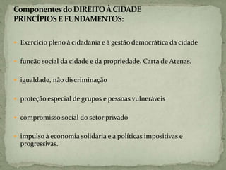  Exercício pleno à cidadania e à gestão democrática da cidade
 função social da cidade e da propriedade. Carta de Atenas.
 igualdade, não discriminação
 proteção especial de grupos e pessoas vulneráveis
 compromisso social do setor privado
 impulso à economia solidária e a políticas impositivas e
progressivas.
 