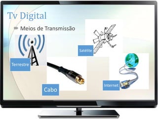 Tv Digital
  Meios de Transmissão


                          Satélite


 Terrestre



                                     Internet
             Cabo
 