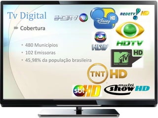 Tv Digital
  Cobertura

   • 480 Municípios
   • 102 Emissoras
   • 45,98% da população brasileira
 