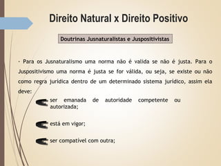 Direito Natural x Direito Positivo
Doutrinas Jusnaturalistas e Juspositivistas
- Para os Jusnaturalismo uma norma não é valida se não é justa. Para o
Juspositivismo uma norma é justa se for válida, ou seja, se existe ou não
como regra jurídica dentro de um determinado sistema jurídico, assim ela
deve:
ser emanada de autoridade competente ou
autorizada;
está em vigor;
ser compatível com outra;
 