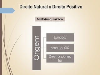 Direito Natural x Direito Positivo
Positivismo Jurídico
 