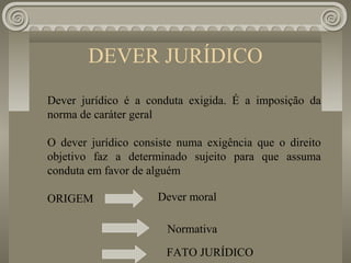 DEVER JURÍDICO
Dever jurídico é a conduta exigida. É a imposição da
norma de caráter geral

O dever jurídico consiste numa exigência que o direito
objetivo faz a determinado sujeito para que assuma
conduta em favor de alguém

ORIGEM               Dever moral

                       Normativa

                       FATO JURÍDICO
 