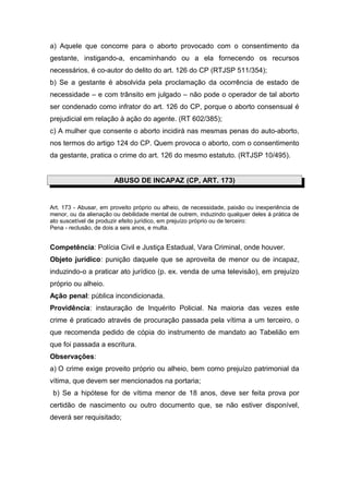 a) Aquele que concorre para o aborto provocado com o consentimento da
gestante, instigando-a, encaminhando ou a ela fornecendo os recursos
necessários, é co-autor do delito do art. 126 do CP (RTJSP 511/354);
b) Se a gestante é absolvida pela proclamação da ocorrência de estado de
necessidade – e com trânsito em julgado – não pode o operador de tal aborto
ser condenado como infrator do art. 126 do CP, porque o aborto consensual é
prejudicial em relação à ação do agente. (RT 602/385);
c) A mulher que consente o aborto incidirá nas mesmas penas do auto-aborto,
nos termos do artigo 124 do CP. Quem provoca o aborto, com o consentimento
da gestante, pratica o crime do art. 126 do mesmo estatuto. (RTJSP 10/495).
ABUSO DE INCAPAZ (CP, ART. 173)
Art. 173 - Abusar, em proveito próprio ou alheio, de necessidade, paixão ou inexperiência de
menor, ou da alienação ou debilidade mental de outrem, induzindo qualquer deles à prática de
ato suscetível de produzir efeito jurídico, em prejuízo próprio ou de terceiro:
Pena - reclusão, de dois a seis anos, e multa.
Competência: Polícia Civil e Justiça Estadual, Vara Criminal, onde houver.
Objeto jurídico: punição daquele que se aproveita de menor ou de incapaz,
induzindo-o a praticar ato jurídico (p. ex. venda de uma televisão), em prejuízo
próprio ou alheio.
Ação penal: pública incondicionada.
Providência: instauração de Inquérito Policial. Na maioria das vezes este
crime é praticado através de procuração passada pela vítima a um terceiro, o
que recomenda pedido de cópia do instrumento de mandato ao Tabelião em
que foi passada a escritura.
Observações:
a) O crime exige proveito próprio ou alheio, bem como prejuízo patrimonial da
vítima, que devem ser mencionados na portaria;
b) Se a hipótese for de vítima menor de 18 anos, deve ser feita prova por
certidão de nascimento ou outro documento que, se não estiver disponível,
deverá ser requisitado;
 