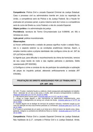 Competência: Polícia Civil e Juizado Especial Criminal da Justiça Estadual.
Caso o processo civil ou administrativo tramite em Juízo ou repartição da
União, a competência será da Polícia e da Justiça Federal. Se a fraude for
praticada em processo penal, a pena máxima será de 4 anos e a competência
será do Juízo de Direito ou Juízo Federal, e não do Juizado Especial.
Objeto jurídico: é a administração da justiça.
Providência: lavratura de Termo Circunstanciado (Lei 9.099/95, art. 69) e
remessa ao Juízo.
Ação penal: pública incondicionada.
Observações:
a) Inovar artificiosamente o estado de pessoa significa mudar o estado físico,
isto é, o aspecto exterior ou as condições anatômicas internas. Assim, a
simples mentira sobre a própria identidade não configura crime do art. 347 do
CP (JUTACrim 46/355);
b) Agente que, para dificultar o reconhecimento da vítima de homicídio, remove
de seu corpo tecido do rosto e das regiões palmares e plantares. Delito
caracterizado (RT 835/556);
c) Configura o crime a conduta do réu de participar da substituição e subtração
de peças do inquérito policial, alterando artificiosamente a verdade (RT
578/385).
FRUSTAÇÃO DE DIREITO ASSEGURADO POR LEI TRABALHISTA
(CP, ART. 203)
Art. 203 - Frustrar, mediante fraude ou violência, direito assegurado pela legislação do trabalho:
Pena - detenção de um ano a dois anos, e multa, além da pena correspondente à violência.
(Redação dada pela Lei nº 9.777, de 29.12.1998)
§ 1º Na mesma pena incorre quem: (Incluído pela Lei nº 9.777, de 29.12.1998)
I - obriga ou coage alguém a usar mercadorias de determinado estabelecimento, para
impossibilitar o desligamento do serviço em virtude de dívida; (Incluído pela Lei nº 9.777, de
29.12.1998)
II - impede alguém de se desligar de serviços de qualquer natureza, mediante coação ou por
meio da retenção de seus documentos pessoais ou contratuais. (Incluído pela Lei nº 9.777, de
29.12.1998)
§ 2º A pena é aumentada de um sexto a um terço se a vítima é menor de dezoito anos, idosa,
gestante, indígena ou portadora de deficiência física ou mental. (Incluído pela Lei nº 9.777, de
29.12.1998)
Competência: Polícia Civil e Juizado Especial Criminal da Justiça Estadual.
Nas hipóteses do § 2°, compete à Polícia Civil e à Justiça Estadual. Ainda,
 