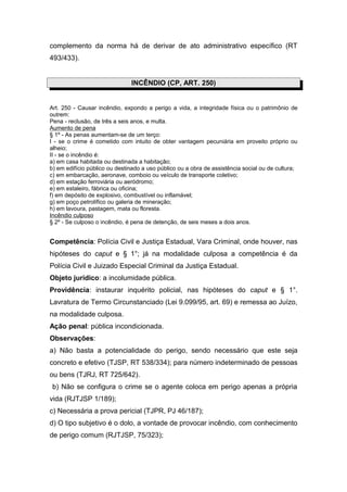complemento da norma há de derivar de ato administrativo específico (RT
493/433).
INCÊNDIO (CP, ART. 250)
Art. 250 - Causar incêndio, expondo a perigo a vida, a integridade física ou o patrimônio de
outrem:
Pena - reclusão, de três a seis anos, e multa.
Aumento de pena
§ 1º - As penas aumentam-se de um terço:
I - se o crime é cometido com intuito de obter vantagem pecuniária em proveito próprio ou
alheio;
II - se o incêndio é:
a) em casa habitada ou destinada a habitação;
b) em edifício público ou destinado a uso público ou a obra de assistência social ou de cultura;
c) em embarcação, aeronave, comboio ou veículo de transporte coletivo;
d) em estação ferroviária ou aeródromo;
e) em estaleiro, fábrica ou oficina;
f) em depósito de explosivo, combustível ou inflamável;
g) em poço petrolífico ou galeria de mineração;
h) em lavoura, pastagem, mata ou floresta.
Incêndio culposo
§ 2º - Se culposo o incêndio, é pena de detenção, de seis meses a dois anos.
Competência: Polícia Civil e Justiça Estadual, Vara Criminal, onde houver, nas
hipóteses do caput e § 1°; já na modalidade culposa a competência é da
Polícia Civil e Juizado Especial Criminal da Justiça Estadual.
Objeto jurídico: a incolumidade pública.
Providência: instaurar inquérito policial, nas hipóteses do caput e § 1°.
Lavratura de Termo Circunstanciado (Lei 9.099/95, art. 69) e remessa ao Juízo,
na modalidade culposa.
Ação penal: pública incondicionada.
Observações:
a) Não basta a potencialidade do perigo, sendo necessário que este seja
concreto e efetivo (TJSP, RT 538/334); para número indeterminado de pessoas
ou bens (TJRJ, RT 725/642).
b) Não se configura o crime se o agente coloca em perigo apenas a própria
vida (RJTJSP 1/189);
c) Necessária a prova pericial (TJPR, PJ 46/187);
d) O tipo subjetivo é o dolo, a vontade de provocar incêndio, com conhecimento
de perigo comum (RJTJSP, 75/323);
 