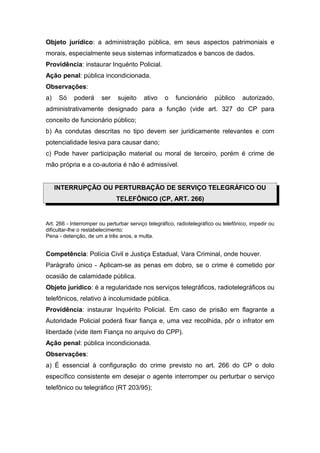 Objeto jurídico: a administração pública, em seus aspectos patrimoniais e
morais, especialmente seus sistemas informatizados e bancos de dados.
Providência: instaurar Inquérito Policial.
Ação penal: pública incondicionada.
Observações:
a) Só poderá ser sujeito ativo o funcionário público autorizado,
administrativamente designado para a função (vide art. 327 do CP para
conceito de funcionário público;
b) As condutas descritas no tipo devem ser juridicamente relevantes e com
potencialidade lesiva para causar dano;
c) Pode haver participação material ou moral de terceiro, porém é crime de
mão própria e a co-autoria é não é admissível.
INTERRUPÇÃO OU PERTURBAÇÃO DE SERVIÇO TELEGRÁFICO OU
TELEFÔNICO (CP, ART. 266)
Art. 266 - Interromper ou perturbar serviço telegráfico, radiotelegráfico ou telefônico, impedir ou
dificultar-lhe o restabelecimento:
Pena - detenção, de um a três anos, e multa.
Competência: Polícia Civil e Justiça Estadual, Vara Criminal, onde houver.
Parágrafo único - Aplicam-se as penas em dobro, se o crime é cometido por
ocasião de calamidade pública.
Objeto jurídico: é a regularidade nos serviços telegráficos, radiotelegráficos ou
telefônicos, relativo à incolumidade pública.
Providência: instaurar Inquérito Policial. Em caso de prisão em flagrante a
Autoridade Policial poderá fixar fiança e, uma vez recolhida, pôr o infrator em
liberdade (vide item Fiança no arquivo do CPP).
Ação penal: pública incondicionada.
Observações:
a) É essencial à configuração do crime previsto no art. 266 do CP o dolo
específico consistente em desejar o agente interromper ou perturbar o serviço
telefônico ou telegráfico (RT 203/95);
 