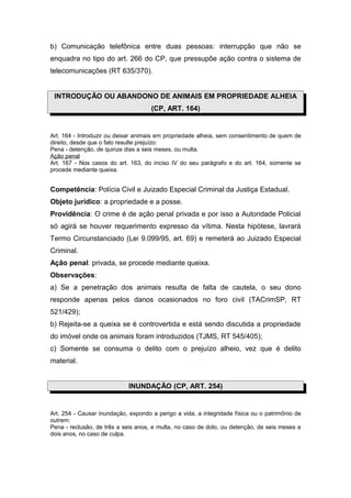 b) Comunicação telefônica entre duas pessoas: interrupção que não se
enquadra no tipo do art. 266 do CP, que pressupõe ação contra o sistema de
telecomunicações (RT 635/370).
INTRODUÇÃO OU ABANDONO DE ANIMAIS EM PROPRIEDADE ALHEIA
(CP, ART. 164)
Art. 164 - Introduzir ou deixar animais em propriedade alheia, sem consentimento de quem de
direito, desde que o fato resulte prejuízo:
Pena - detenção, de quinze dias a seis meses, ou multa.
Ação penal
Art. 167 - Nos casos do art. 163, do inciso IV do seu parágrafo e do art. 164, somente se
procede mediante queixa.
Competência: Polícia Civil e Juizado Especial Criminal da Justiça Estadual.
Objeto jurídico: a propriedade e a posse.
Providência: O crime é de ação penal privada e por isso a Autoridade Policial
só agirá se houver requerimento expresso da vítima. Nesta hipótese, lavrará
Termo Circunstanciado (Lei 9.099/95, art. 69) e remeterá ao Juizado Especial
Criminal.
Ação penal: privada, se procede mediante queixa.
Observações:
a) Se a penetração dos animais resulta de falta de cautela, o seu dono
responde apenas pelos danos ocasionados no foro civil (TACrimSP, RT
521/429);
b) Rejeita-se a queixa se é controvertida e está sendo discutida a propriedade
do imóvel onde os animais foram introduzidos (TJMS, RT 545/405);
c) Somente se consuma o delito com o prejuízo alheio, vez que é delito
material.
INUNDAÇÃO (CP, ART. 254)
Art. 254 - Causar inundação, expondo a perigo a vida, a integridade física ou o patrimônio de
outrem:
Pena - reclusão, de três a seis anos, e multa, no caso de dolo, ou detenção, de seis meses a
dois anos, no caso de culpa.
 