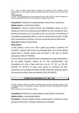 § 3º - Para os efeitos deste artigo, entende-se por estrada de ferro qualquer via de
comunicação em que circulem veículos de tração mecânica, em trilhos ou por meio de cabo
aéreo.
Forma qualificada
Art. 263 - Se de qualquer dos crimes previstos nos arts. 260 a 262, no caso de desastre ou
sinistro, resulta lesão corporal ou morte, aplica-se o disposto no art. 258.
Competência: Polícia Civil e Justiça Estadual, Vara Criminal, onde houver.
Objeto jurídico: a incolumidade pública.
Providência: instaurar Inquérito Policial. Na modalidade culposa do § 2°,
lavratura de Termo Circunstanciado (Lei 9.099/95, art. 69) e remessa ao Juízo.
Deverá ser anexada ao TC ou juntada ao IPL prova do dano à linha férrea ou
circunstância assemelhada (fotos ou auto de levantamento de local). O falso
aviso, provavelmente, será oral, e por isso a prova terá que ser testemunhal.
Ação penal: pública incondicionada.
Observações:
a) Não comete o crime do art. 260 o agente que pratica o chamado “surf
ferroviário”, viajando sobre o teto da composição férrea, pois tal fato significa
perigo direto e iminente apenas para ele próprio e não para os demais
passageiros (TJRJ, RT 760/690);
b) Há o crime se ocorre relevante dano à composição e à carga transportada, a
par de lesões corporais; todavia, se há mero descarrilamento, sem
conseqüência de vulto, a figura pode ser a do art. 121, §3°, ou 129, §6°
(TACrSP, RT 461/371); c) Falso aviso acerca do movimento de trens:
consuma-se com a situação de perigo concreto criada pela conduta do agente,
da iminência de sinistro, ainda que efêmera (TJRJ, RT 643/327).
PERIGO DE INUNDAÇÃO (CP, ART. 255)
Art. 255 - Remover, destruir ou inutilizar, em prédio próprio ou alheio, expondo a perigo a vida,
a integridade física ou o patrimônio de outrem, obstáculo natural ou obra destinada a impedir
inundação:
Pena - reclusão, de um a três anos, e multa.
Competência: Polícia Civil e Justiça Estadual, Vara Criminal, onde houver.
Objeto jurídico: a incolumidade pública.
Providência: instaurar Inquérito Policial, providenciando a juntada de exame
pericial que demonstre a remoção, destruição ou inutilização.
 