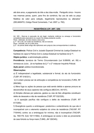 até dois anos, e pagamento de três a dez dias-multa. Parágrafo único - Incorre
nas mesmas penas, quem, para fins de comércio, faz uso de selo ou peça
filatélica de valor para coleção, ilegalmente reproduzidos ou alterados”
(DELMANTO, Código Penal Comentado, 7 ed. 2007. p. 760).
RESISTÊNCIA (CP, ART. 329)
Art. 329 - Opor-se à execução de ato legal, mediante violência ou ameaça a funcionário
competente para executá-lo ou a quem lhe esteja prestando auxílio:
Pena - detenção, de dois meses a dois anos.
§ 1º - Se o ato, em razão da resistência, não se executa:
Pena - reclusão, de um a três anos.
§ 2º - As penas deste artigo são aplicáveis sem prejuízo das correspondentes à violência.
Competência: Polícia Civil e Juizado Especial Criminal da Justiça Estadual na
hipótese do caput e Polícia Civil e Justiça Estadual na hipótese do § 1º;
Objeto jurídico: a administração pública.
Providência: lavratura de Termo Circunstanciado (Lei 9.099/95, art. 69) e
remessa ao Juízo. Já na hipótese do § 1° e 2° instaurar Inquérito Policial.
Ação penal: pública incondicionada.
Observações:
a) É indispensável a legalidade, substancial e formal, do ato do funcionário
(TJSP, RT 518/331);
b) A ordem precisa ser de atribuição e competência do funcionário (TJRS, RF
269/368);
c) Mera fuga ou ações da pessoa que está sendo detida e apenas procura se
desvencilhar de seus captores não configura (IBCCrim, 44/157);
d) Simples ofensas por palavras, gestos ou vias de fato ultrajantes constituem
delito de desacato e não de resistência (TJSP, RT 532/329);
e) A oposição pacífica não configura o delito de resistência (TJSP, RT
617/285);
f) Divergência quanto a embriaguez: predomina o entendimento de que ela é
incompatível com o elemento subjetivo do crime de resistência (TACrSP, RT
719/444); contra: se a embriaguez for mínima, não é incompatível (TACrSP,
Ap. 765/179. DJU 18/11/1992). A embriaguez só exclui o dolo se proveniente
de caso fortuito ou força maior (TJMG, JM 128/345);
 