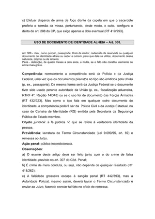 c) Efetuar disparos de arma de fogo diante da capela em que o sacerdote
proferia o sermão da missa, perturbando, deste modo, o culto, configura o
delito do art. 208 do CP, que exige apenas o dolo eventual (RT 419/293).
USO DE DOCUMENTO DE IDENTIDADE ALHEIA – Art. 308.
Art. 308 - Usar, como próprio, passaporte, título de eleitor, caderneta de reservista ou qualquer
documento de identidade alheia ou ceder a outrem, para que dele se utilize, documento dessa
natureza, próprio ou de terceiro:
Pena - detenção, de quatro meses a dois anos, e multa, se o fato não constitui elemento de
crime mais grave.
Competência: normalmente a competência será da Polícia e da Justiça
Federal, uma vez que os documentos previstos no tipo são emitidos pela União
(p. ex., passaporte). Da mesma forma será da Justiça Federal se o documento
tiver sido usado perante autoridade da União (p. ex., fiscalização aduaneira,
RTRF 4ª. Região 14/348) ou se o uso for de documento das Forças Armadas
(RT 432/323). Mas como o tipo fala em qualquer outro documento de
identidade, a competência poderá ser da Polícia Civil e da Justiça Estadual, no
caso de Carteira de Identidade (RG) emitida pela Secretaria da Segurança
Pública de Estado membro.
Objeto jurídico: a fé pública no que se refere à verdadeira identidade da
pessoa.
Providência: lavratura de Termo Circunstanciado (Lei 9.099/95, art. 69) e
remessa ao Juízo.
Ação penal: pública incondicionada.
Observações:
a) O exame deste artigo deve ser feito junto com o do crime de falsa
identidade, previsto no art. 307 do Cód. Penal;
b) É crime de mera conduta, ou seja, não depende de qualquer resultado (RT
418/262);
c) A falsidade grosseira escapa à sanção penal (RT 442/393), mas a
Autoridade Policial, mesmo assim, deverá lavrar o Termo Circunstanciado e
enviar ao Juízo, fazendo constar tal fato no ofício de remessa.
 