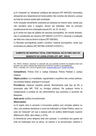 e) A “chispada” ou “streaking” configura ato obsceno (RT 495/332); namorados
abraçando-se e beijando-se em local público não constitui ato obsceno, porque
se trata de conduta aceita pela sociedade;
f) Em situação semelhante, praticada por pessoas do mesmo sexo, desde que
não resvalem para o exagero, devem ser toleradas, face ao princípio
constitucional da livre orientação sexual (CF, art. 5º, inc.XLI);
g) A venda em lojas de objetos de natureza pornográfica, em recinto fechado,
não é considerada ato obsceno (RT 609/331 e 617/311), devendo a avaliação
ser feita com vista ao local e à época (RT 626/300);
h) Revistas pornográficas podem constituir material pornográfico, ainda que
envolvidas em plástico (RT 597/360, 6-00/367 e 616/311).
AUMENTO DE DESPESA TOTAL COM PESSOAL NO ÚLTIMO ANO DO
MANDATO OU LEGISLATURA (CP, ART. 359-G)
Art. 359-G. Ordenar, autorizar ou executar ato que acarrete aumento de despesa total com
pessoal, nos cento e oitenta dias anteriores ao final do mandato ou da legislatura:
Pena – reclusão, de 1 (um) a 4 (quatro) anos. (Incluído pela Lei nº 10.028, de 2000).
Competência: Polícia Civil e Justiça Estadual, Polícia Federal e Justiça
Federal.
Objeto jurídico: é a moralidade, regularidade e equilíbrio das contas públicas,
nos âmbitos federal, estadual e municipal.
Providência: instaurar inquérito policial. Normalmente este tipo de IPL é
provocado pelo MP, TCE ou inimigos políticos. De qualquer forma é
indispensável a juntada do ato administrativo que acarretou o aumento de
despesas.
Ação penal: pública incondicionada.
Observações:
a) O sujeito ativo é somente o funcionário público com mandato (eletivo ou
não), com poderes decisórios e nome de Instituição ou Poder Público, salvo no
caso de “executar” em que a pessoa põe em prática determinação superior
(Bittencourt, 2004, obra citada, p.1215);
b) Entende-se como despesa total com pessoal: “o somatório dos gastos do
ente da Federação com os ativos, os inativos e os pensionistas, relativos a
 