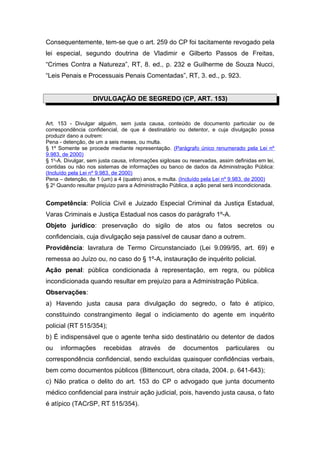 Consequentemente, tem-se que o art. 259 do CP foi tacitamente revogado pela
lei especial, segundo doutrina de Vladimir e Gilberto Passos de Freitas,
“Crimes Contra a Natureza”, RT, 8. ed., p. 232 e Guilherme de Souza Nucci,
“Leis Penais e Processuais Penais Comentadas”, RT, 3. ed., p. 923.
DIVULGAÇÃO DE SEGREDO (CP, ART. 153)
Art. 153 - Divulgar alguém, sem justa causa, conteúdo de documento particular ou de
correspondência confidencial, de que é destinatário ou detentor, e cuja divulgação possa
produzir dano a outrem:
Pena - detenção, de um a seis meses, ou multa.
§ 1º Somente se procede mediante representação. (Parágrafo único renumerado pela Lei nº
9.983, de 2000)
§ 1o
-A. Divulgar, sem justa causa, informações sigilosas ou reservadas, assim definidas em lei,
contidas ou não nos sistemas de informações ou banco de dados da Administração Pública:
(Incluído pela Lei nº 9.983, de 2000)
Pena – detenção, de 1 (um) a 4 (quatro) anos, e multa. (Incluído pela Lei nº 9.983, de 2000)
§ 2o
Quando resultar prejuízo para a Administração Pública, a ação penal será incondicionada.
Competência: Polícia Civil e Juizado Especial Criminal da Justiça Estadual,
Varas Criminais e Justiça Estadual nos casos do parágrafo 1º-A.
Objeto jurídico: preservação do sigilo de atos ou fatos secretos ou
confidenciais, cuja divulgação seja passível de causar dano a outrem.
Providência: lavratura de Termo Circunstanciado (Lei 9.099/95, art. 69) e
remessa ao Juízo ou, no caso do § 1º-A, instauração de inquérito policial.
Ação penal: pública condicionada à representação, em regra, ou pública
incondicionada quando resultar em prejuízo para a Administração Pública.
Observações:
a) Havendo justa causa para divulgação do segredo, o fato é atípico,
constituindo constrangimento ilegal o indiciamento do agente em inquérito
policial (RT 515/354);
b) É indispensável que o agente tenha sido destinatário ou detentor de dados
ou informações recebidas através de documentos particulares ou
correspondência confidencial, sendo excluídas quaisquer confidências verbais,
bem como documentos públicos (Bittencourt, obra citada, 2004. p. 641-643);
c) Não pratica o delito do art. 153 do CP o advogado que junta documento
médico confidencial para instruir ação judicial, pois, havendo justa causa, o fato
é atípico (TACrSP, RT 515/354).
 