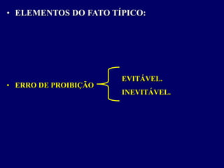 • ELEMENTOS DO FATO TÍPICO:
• ERRO DE PROIBIÇÃO
EVITÁVEL.
INEVITÁVEL.
 
