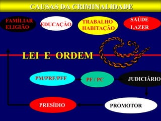 PP
FAMÍLIAR
ELIGIÃO
EDUCAÇÃO
TRABALHO
HABITAÇÃO
SAÚDE
LAZER
PM/PRF/PFF PF / PC JUDICIÁRIO
PRESÍDIO PROMOTOR
LEI E ORDEM
CAUSAS DA CRIMINALIDADE
 