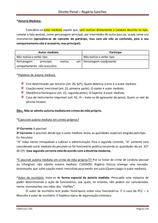 Direito Penal – Rogério Sanches
Intensivo I LFG Página 134
*Autoria Mediata:
Considera-se autor mediato aquele que, sem realizar diretamente a conduta descrita no tipo,
comete o fato punível, como personagem principal, por intermédio de outra pessoa, usada como seu
instrumento (aproxima-se do conceito de partícipe, mas com ele não se confunde, pois o seu
comportamentonão é acessório, mas principal).
Autor mediato Partícipe
Não realiza o verbo tipo Não realiza o verbo tipo
Personagem principal, realiza um
comportamento não acessório.
Personagem coadjuvante.
*Hipótese de autoria mediata:
Erro determinado por terceiro (art. 20, §2º); Quem deterina o erro é o autor mediato
Coação moral irresistível (art. 22, primeira parte); O coator é autor mediato.
Obediência hierárquica (art. 22, segunda parte); O Superior é autor mediato.
Caso do instrumento impunível (art. 62, III – trata-se de agravante de pena); Quem se vale de
pessoa incapaz.
Obs.: Não se admite autoria mediata em crimes de mão própria.
*É possível autoria mediata em crimes próprios?
1ª Corrente: é possível
2ª Corrente: é possível, desde que o autor mediato reúna as qualidades especiais exigidas pelo tipo.
Ex. Peculato:
“A” induz menor inimputável a subtrair a administração. Para a segunda corrente, “A” somente será
considerado autor mediato do peculato se for funcionário público (reunindo as qualidades do art. 327
do CP). Essa segunda corrente está de acordo com a doutrina moderna.
*É possível autoria mediata em crime de mão própria??? Por se tratar de crime de conduta pessoal
ou infungível, não admite autoria mediata. CUIDADO: Rogério Grecco enxerga uma exceção:
testemunha que sofre coação moral irresistível para mentir em juízo (Quem coagiu é autor mediato).
*Autor de escritório: trata-se de forma especial de autoria mediata. Pressupõe uma máquina de
poder determinando a ação de funcionários, aos quais, no entanto, não podem ser considerados
meros instrumentos nas mãos dos “chefões”.
O autor de escritório tem poder hierárquico sobre seus funcionári os. É o caso do PCC – o
Marcolla é autor de escritório. É hipótese típica de organização criminosa.
 