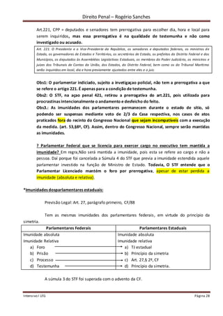 Direito Penal – Rogério Sanches
Intensivo I LFG Página 28
Art.221, CPP = deputados e senadores tem prerrogativa para escolher dia, hora e local para
serem inquiridos, mas essa prerrogativa é na qualidade de testemunha e não como
investigado ou acusado.
Art. 221. O Presidente e o Vice-Presidente da República, os senadores e deputados federais, os ministros de
Estado, os governadores de Estados e Territórios, os secretários de Estado, os prefeitos do Distrito Federal e dos
Municípios, os deputados às Assembléias Legislativas Estaduais, os membros do Poder Judiciário, os ministros e
juízes dos Tribunais de Contas da União, dos Estados, do Distrito Federal, bem como os do Tribunal Marítimo
serão inquiridos em local, dia e hora previamente ajustados entre eles e o juiz.
Obs1: O parlamentar indiciado, sujeito a invetigaçao policial, não tem a prerrogativa a que
se refere o artigo 221. É apenas para a condição de testemunha.
Obs2: O STF, na açao penal 421, retirou a prerrogativa do art.221, pois utilizada para
procrastinas intencionalmente o andamento e desfeicho do feito.
Obs3.: As imunidades dos parlamentares permanecem durante o estado de sítio, só
podendo ser suspensas mediante voto de 2/3 da Casa respectiva, nos casos de atos
praticados fora do recinto do Congresso Nacional que sejam incompatíveis com a execução
da medida. (art. 53,§8º, CF). Assim, dentro do Congresso Nacional, sempre serão mantidas
as imunidades.
? Parlamentar Federal que se licencia para exercer cargo no executivo tem mantida a
imunidade? Em regra,Não será mantida a imunidade, pois esta se refere ao cargo e não a
pessoa. Daí porque foi cancelada a Súmula 4 do STF que previa a imunidade estendida aquele
parlamentar investido na função de Ministro de Estado. Todavia, O STF entende que o
Parlamentar Licenciado mantém o foro por prerrogativa, apesar de estar perdida a
imunidade (absoluta e relativa).
*Imunidades dosparlamentares estaduais:
Previsão Legal: Art. 27, parágrafo primeiro, CF/88
Tem as mesmas imunidades dos parlamentares federais, em virtude do princípio da
simetria.
Parlamentares Federais Parlamentares Estaduais
Imunidade absoluta
Imunidade Relativa
a) Foro
b) Prisão
c) Processo
d) Testemunha
Imunidade absoluta
Imunidade relativa
a) TJ estadual
b) Princípio da simetria
c) Art. 27,§ 2º, CF
d) Princípio da simetria.
A súmula 3 do STF foi superada com o advento da CF.
 