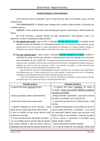 Direito Penal – Rogério Sanches
Intensivo I LFG Página 61
Conduta Omissiva / Crime Omissivo:
Crime omissivo. Para se entender o que é crime omissivo, deve ser estudado o que é um tipo
mandamental,
TIPO MANDAMENTAL: O direito penal protege bens jurídicos determinando a realização de
condutas valiosas.
OMISSÃO: É uma conduta valiosa não realizada pelo agente, contrariando a determinação da
norma.
No crime omissivo, o agente infringe um tipo mandamental, não fazendo o que a lei
determina. A norma mandamental pode decorrer:
a) Do próprio tipo penal– aqui se tem a chamada omissão própria ou pura. A omissão estará
descrita no tipo incriminador. Ex. omissão de socorro - Art. 135 - Deixar de prestar assistência, quando
possível fazê-lo sem risco pessoal, à criança abandonada ou extraviada, ou à pessoa inválida ou ferida, ao
desamparo ou em grave e iminente perigo; ou não pedir, nesses casos, o socorro da autoridade pública[...]”
b) De uma cláusula geral – aqui se tem a chamada omissão imprópria ou impura, também é
chamado de crime comisso por omissão. A cláusula geral descreve quando uma omissão é
penal relevante. Ex. art. 13,§2º, CP: “A omissão é penalmente relevante quando o omitente devia e podia
agir para evitar o resultado. O dever de agir incumbe a quem:a) tenha por lei obrigação de cuidado, proteção ou
vigilância; (ex. mãe que deixa de amamentar a filha – essa omissão é imprópria, e a mãe responderá pelo
homicídio,doloso ou culposo,dependendo da vontade da mãe).
b) de outra forma, assumiu a responsabilidade de impedir o resultado; (ex. convidado se encarrega de levar
visita bêbada para casa – houve assunção do risco se, por exemplo, a pessoa desce do carro e é atropelada,
responderá o garantidor pelo homicídio;professor fazendo excursão com alunos).
c) com seu comportamento anterior, criou o risco da ocorrência do resultado(ex. empurrar pessoa que não
sabenadar na piscina –aqueleque empurrou responde pelo homicídio).
Omissão própria Omissão imprópria
- O agente tem dever genérico de agir
- Dever que atinge a todos indistintamente.
- A omissão está descrita no tipo penal.
- O agente responde por crime omissivo – está
diante de uma subsunção direta (fato-norma)
O fato se amolda ao tipo penal descrito que
caracteriza a omissão.
- É crime unissubsistente: não admite tentativa.
- Ex. um cidadão comum está do lado de alguém
que sofreu acidente e não lhe presta socorro.
Responderá por omissão de socorro, prevista no
- O agente tem dever específico de evitar o
resultado. Trata-se de DEVER JURÍDICO específico
de evitar o resultado.
- Atinge somente o garantidor – quem tem o dever
de evitar o resultado. (art 13, $2, do CP)
- A omissão está descrita em cláusula geral, e não
no tipo.
- O agente responde pelo crime comissivo como se
tivesse agido provocado o resultado – é um caso
de subsunção indireta (norma que descreve uma
ação, e o fato é uma omissão – antes de se ajustar
o fato a norma, é necessário o art.13,§2º, para
depois atingir a norma)
- É plurissubsistente e admite tentativa.
- Ex. o pai da vítima de um acidente, vítima esta
 