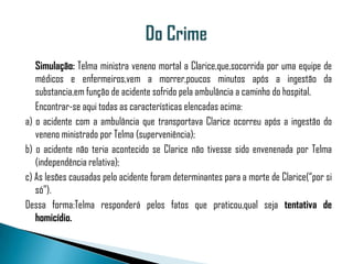 Simulação: Telma ministra veneno mortal a Clarice,que,socorrida por uma equipe de
   médicos e enfermeiros,vem a morrer,poucos minutos após a ingestão da
   substancia,em função de acidente sofrido pela ambulância a caminho do hospital.
   Encontrar-se aqui todas as características elencadas acima:
a) o acidente com a ambulância que transportava Clarice ocorreu após a ingestão do
   veneno ministrado por Telma (superveniência);
b) o acidente não teria acontecido se Clarice não tivesse sido envenenada por Telma
   (independência relativa);
c) As lesões causadas pelo acidente foram determinantes para a morte de Clarice(“por si
   só”).
Dessa forma:Telma responderá pelos fatos que praticou,qual seja tentativa de
   homicídio.
 