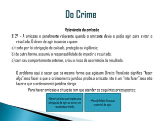 Relevância da omissão
§ 2º - A omissão é penalmente relevante quando o omitente devia e podia agir para evitar o
    resultado. O dever de agir incumbe a quem:
a) tenha por lei obrigação de cuidado, proteção ou vigilância;
b) de outra forma, assumiu a responsabilidade de impedir o resultado;
c) com seu comportamento anterior, criou o risco da ocorrência do resultado.

  O problema aqui é sacar que da mesma forma que ação,em Direito Penal,não significa “fazer
  algo”,mas fazer o que o ordenamento jurídico proíbe,a omissão não é um “não fazer”,mas não
  fazer o que o ordenamento jurídico obriga.
           Para haver omissão a situação tem que atender os seguintes pressupostos:
                       •Dever jurídico que impõe uma
                                                        •Possibilidade física,ou
                       obrigação de agir ou evitar um
                                                          material ,de agir.
                             resultado proibido.
 