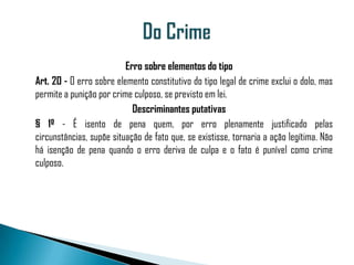 Erro sobre elementos do tipo
Art. 20 - O erro sobre elemento constitutivo do tipo legal de crime exclui o dolo, mas
permite a punição por crime culposo, se previsto em lei.
                            Descriminantes putativas
§ 1º - É isento de pena quem, por erro plenamente justificado pelas
circunstâncias, supõe situação de fato que, se existisse, tornaria a ação legítima. Não
há isenção de pena quando o erro deriva de culpa e o fato é punível como crime
culposo.
 