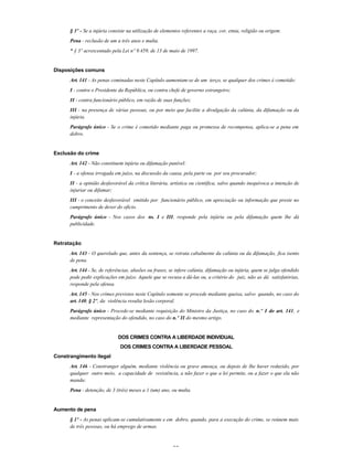 28
§ 3º - Se a injúria consiste na utilização de elementos referentes a raça, cor, etnia, religião ou origem:
Pena - reclusão de um a três anos e multa.
* § 3º acrescentado pela Lei nº 9.459, de 13 de maio de 1997.
Disposições comuns
Art. 141 - As penas cominadas neste Capítulo aumentam-se de um terço, se qualquer dos crimes é cometido:
I - contra o Presidente da República, ou contra chefe de governo estrangeiro;
II - contra funcionário público, em razão de suas funções;
III - na presença de várias pessoas, ou por meio que facilite a divulgação da calúnia, da difamação ou da
injúria.
Parágrafo único - Se o crime é cometido mediante paga ou promessa de recompensa, aplica-se a pena em
dobro.
Exclusão do crime
Art. 142 - Não constituem injúria ou difamação punível:
I - a ofensa irrogada em juízo, na discussão da causa, pela parte ou por seu procurador;
II - a opinião desfavorável da crítica literária, artística ou científica, salvo quando inequívoca a intenção de
injuriar ou difamar;
III - o conceito desfavorável emitido por funcionário público, em apreciação ou informação que preste no
cumprimento de dever do ofício.
Parágrafo único - Nos casos dos ns. I e III, responde pela injúria ou pela difamação quem lhe dá
publicidade.
Retratação
Art. 143 - O querelado que, antes da sentença, se retrata cabalmente da calúnia ou da difamação, fica isento
de pena.
Art. 144 - Se, de referências, alusões ou frases, se infere calúnia, difamação ou injúria, quem se julga ofendido
pode pedir explicações em juízo. Aquele que se recusa a dá-las ou, a critério do juiz, não as dá satisfatórias,
responde pela ofensa.
Art. 145 - Nos crimes previstos neste Capítulo somente se procede mediante queixa, salvo quando, no caso do
art. 140, § 2º, da violência resulta lesão corporal.
Parágrafo único - Procede-se mediante requisição do Ministro da Justiça, no caso do n.º I do art. 141, e
mediante representação do ofendido, no caso do n.º II do mesmo artigo.
DOS CRIMES CONTRA A LIBERDADE INDIVIDUAL
DOS CRIMES CONTRA A LIBERDADE PESSOAL
Constrangimento ilegal
Art. 146 - Constranger alguém, mediante violência ou grave ameaça, ou depois de lhe haver reduzido, por
qualquer outro meio, a capacidade de resistência, a não fazer o que a lei permite, ou a fazer o que ela não
manda:
Pena - detenção, de 3 (três) meses a 1 (um) ano, ou multa.
Aumento de pena
§ 1º - As penas aplicam-se cumulativamente e em dobro, quando, para a execução do crime, se reúnem mais
de três pessoas, ou há emprego de armas.
 
