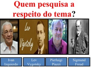 Quem pesquisa a
respeito do tema?
Ivan
Izquierdo
Lev
Vygotsky
Pierluigi
Piazzi
Sigmund
Freud
 