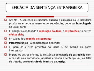 EFICÁCIA DA SENTENÇA ESTRANGEIRA

 Art. 9º - A sentença estrangeira, quando a aplicação da lei brasileira
  produz na espécie as mesmas consequências, pode ser homologada
  no Brasil para:
 I - obrigar o condenado à reparação do dano, a restituições e a outros
  efeitos civis;
 II - sujeitá-lo a medida de segurança.
 Parágrafo único - A homologação depende:
 a) para os efeitos previstos no inciso I, de pedido da parte
  interessada;
 b) para os outros efeitos, da existência de tratado de extradição com
  o país de cuja autoridade judiciária emanou a sentença, ou, na falta
  de tratado, de requisição do Ministro da Justiça.
 