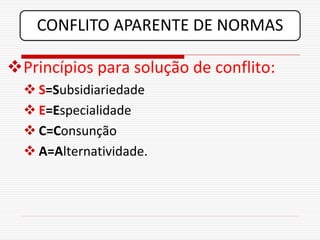 CONFLITO APARENTE DE NORMAS

Princípios para solução de conflito:
   S=Subsidiariedade
   E=Especialidade
   C=Consunção
   A=Alternatividade.
 