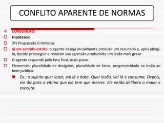 CONFLITO APARENTE DE NORMAS
   CONSUNÇÃO:
   Hipóteses:
   3ª) Progressão Criminosa:
   a) em sentido estrito: o agente deseja inicialmente produzir um resultado e, após atingi-
    lo, decide prosseguir e reiniciar sua agressão produzindo um lesão mais grave.
   O agente responde pelo fato final, mais grave.
   Elementos: pluralidade de desígnios, pluralidade de fatos, progressividade na lesão ao
    bem jurídico.
     Ex.: o sujeito quer lesar, vai lá e bate. Quer lesão, vai lá e consuma. Depois,
      ele diz para a vitima que ela tem que morrer. Ele então delibera o maior e
      executa.
 