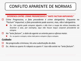 CONFLITO APARENTE DE NORMAS

   DIFERENCA ENTRE: CRIME PROGRESSIVO E “ANTE FACTUM IMPUNIVEL”
 Crime Progressivo, o fato precedente é crime obrigatório. Enquanto no
  “Factum” Impunível, o fato precedente pode ocorrer, mas, não é obrigatório.
       Ex.: Um sujeito pode estuprar alguém e não tirar a roupa da vitima (mandou ela
        levantar a saia, por exemplo), aqui não houve toque corporal precedente ao
        estupro.
 No “ante factum”, o dolo do agente se orienta para a ofensa maior.
       Ex.: eu quero o estupro, estou indo para o estupro e faço o estupro.

Cuidado:
 Na progressão criminosa, há uma substituição do dolo.
 Ex.: Antes eu quero X e depois eu quero Y. Isso não existe no “ante factum”.
 