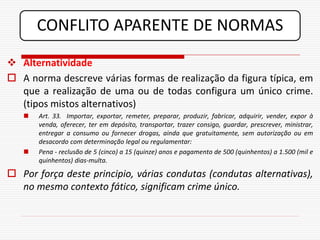 CONFLITO APARENTE DE NORMAS
 Alternatividade
 A norma descreve várias formas de realização da figura típica, em
  que a realização de uma ou de todas configura um único crime.
  (tipos mistos alternativos)
      Art. 33. Importar, exportar, remeter, preparar, produzir, fabricar, adquirir, vender, expor à
       venda, oferecer, ter em depósito, transportar, trazer consigo, guardar, prescrever, ministrar,
       entregar a consumo ou fornecer drogas, ainda que gratuitamente, sem autorização ou em
       desacordo com determinação legal ou regulamentar:
      Pena - reclusão de 5 (cinco) a 15 (quinze) anos e pagamento de 500 (quinhentos) a 1.500 (mil e
       quinhentos) dias-multa.

 Por força deste principio, várias condutas (condutas alternativas),
  no mesmo contexto fático, significam crime único.
 