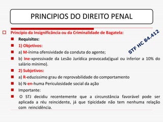 PRINCIPIOS DO DIREITO PENAL
 Princípio da Insignificância ou da Criminalidade de Bagatela:
   Requisitos:
   1) Objetivos:
   a) M-ínima ofensividade da conduta do agente;
   b) Ine-xpressivade da Lesão Jurídica provocada(igual ou inferior a 10% do
      salário mínimo).
   2) Subjetivos:
   a) R-eduzissimo grau de reprovabilidade do comportamento
   b) N-en-huma Periculosidade social da ação
   Importante:
   O STJ decidiu recentemente que a circunstância favorável pode ser
      aplicada a réu reincidente, já que tipicidade não tem nenhuma relação
      com reincidência.
 