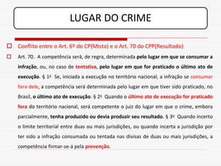LUGAR DO CRIME

 Conflito entre o Art. 6º do CP(Mista) e o Art. 70 do CPP(Resultado)
   Art. 70. A competência será, de regra, determinada pelo lugar em que se consumar a
    infração, ou, no caso de tentativa, pelo lugar em que for praticado o último ato de
    execução. § 1o Se, iniciada a execução no território nacional, a infração se consumar
    fora dele, a competência será determinada pelo lugar em que tiver sido praticado, no
    Brasil, o último ato de execução. § 2o Quando o último ato de execução for praticado
    fora do território nacional, será competente o juiz do lugar em que o crime, embora
    parcialmente, tenha produzido ou devia produzir seu resultado. § 3o Quando incerto
    o limite territorial entre duas ou mais jurisdições, ou quando incerta a jurisdição por
    ter sido a infração consumada ou tentada nas divisas de duas ou mais jurisdições, a
    competência firmar-se-á pela prevenção.
 