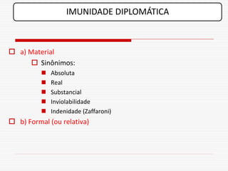 IMUNIDADE DIPLOMÁTICA



 a) Material
       Sinônimos:
             Absoluta
             Real
             Substancial
             Inviolabilidade
             Indenidade (Zaffaroni)
 b) Formal (ou relativa)
 
