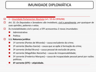 IMUNIDADE DIPLOMÁTICA


   1 – Imunidade Parlamentar Absoluta (art. 53 da CRFB/88)
   Art. 53. Os Deputados e Senadores são invioláveis, civil e penalmente, por quaisquer de
    suas opiniões, palavras e votos.
   Às inviolabilidades civil e penal, o STF acrescentou 2 novas imunidades:
     Administrativa
     Política
   1.1. Natureza jurídica:
     1ª corrente (Pontes de Miranda) – causa excludente do crime;
     2ª corrente (Basileu Garcia) – causa que se opõe à formação do crime;
     3ª corrente (Aníbal Bruno) – causa pessoal de exclusão de pena;
     4ª corrente (Magalhães Noronha) – causa de irresponsabilidade;
     5ª corrente (Frederico Marques) – causa de incapacidade pessoal penal por razões
         políticas;
     6ª corrente (STF) – atipicidade.
 