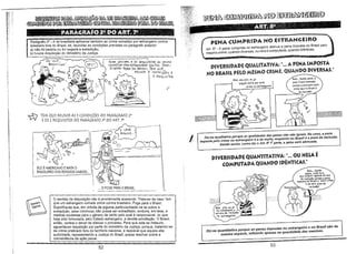 ~~G!JID~

~1~ThM:Ii~!ll:~:@@~I!lID~~~

~W§m~'~~~®:ID~

,,' PA~G~.FQ~(~Õ A~T. 7?', __ ':

c

o

"

,:,:

"":;~.

PENA CUMPRIDA NO ESTRANGEiRO

Parágrafo 30 - A lei brasileira aplica-se também ao crime cometido por estrangeiro contra
brasileiro fora do Brasil, se, reunidas as condições previstas no parágrafo anterior:
a) não foi pedida ou foi negada a extradição;
b) houve requisição do Ministério da Justiça.

Art. 80 _ A pena cumprida na estrangeiro atenua a pena imposta no Brasil pelo
mesmo crime, quando diversas, ou nela é computada, quando idênticas.

,
PARA APliCAR. A fEl' BRASilEiRA AO (RiM€
COMeTiDO PoR E'5TRANGEIRO ccxvTRA ERASiJEÍRo "foRA Do BRASÍL -rEM QuE

R'E"üNIR :5 C-OIfDicPE"':> E
2 R€QL'isiTos

I)IV~RSIDADEQUALITATIVA: "... A PENA IMPOSTA
NO BRASil. PElO MESMO CRIME, QUANDO DIVERSAS:

----

Bem... Sendo assim, a
pena fiçará atenuada
porque a pena para este
çrime aqui no Brasil é
=:......... de reclusão!

Mas, seu juiz. eu já
~----ll
paguei multa por este
crime no estrangeiro!

(

•

w

I

TEM QUE REUNIR AS 5 CONDiÇÕES DO PARÁGRAfO 2'
EOS 2 REQUISITOS DO PARÁGRAfO)' DO ART. 7'
~----"

I~

: -----------

'~J::_

_~~II

;;-~'

~_ov~

)~~-À
"0J ~  11'YJ "

I

Diz-se qualitativa porque as qualidades das penas não são iguais. No caso, a pena
imposta pelo crime no estrangeiro é a de multa, enquanto no Brasil é a pena de reclusão,
Sendo assim, como diz o Art. ao 1$. parte, a pena será atenuada.

DIVERSIDADE QUAN1ITATIVA: "... OU NELA É
COMPUTADA QUANDO IDÊNTICAS."

~- ~ ~ ~)

------

))

ELE É AMERICANO EMATA O
BRASILEIRO NOS ESTADOS UNIDOS...

Bem... Sendo
assim. você terá
que cumprir apenas um ano
de reclusão porque a pena
imposta no Brasil a este crime

é
.......
reclusão!
<=="","o=,~'t--. de dois anoS de

. E FOGE PARA O BRASIL.

o sentidq da disposição não é prontamente acessível. Trata-se d~ caso "em
easeU

 Garcia

que um estrangeiro comete crime contra brasileiro. Foge para o Brasil.
Suponha-se que, em virtude de alguma particularidade da lei sobre a
extradição, esse criminoso não possa ser extraditado, embora, em tese, a
medida coubesse para o gênero de delito pelo qual é responsável, ou que
haja sido formulada, pelo Estado estrangeiro, a devida solicitação. O Brasil,
então, contrai o dever de efetuar o processo. Para que este se instaure,
aguarda-se requisição por parte do ministério da Justiça, porque, tratando-se
de crime praticado fora do território nacional, é razoável que aquela alta
autoridade, representando a Justiça do Brasil, possa resolver sobre a
conveniência da ação penal.

52

Mas. juiz. eu já
fui condenado a
um ano de reclusão )~
no estrangeiro! r...... iL---~/
t-_

Diz~se quantitativa porque aS penas impostas no estrangeiro e nO Brasil são da
mesma espécie, influindo apenas na quantidade das mesmas.

53

 