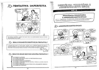 l:t> TENTATIVA
'00 ACAf>lR

éoM

IMPERFEITA

A~~l]
~~~l]~

D

.,

~;~-

VOcUj

.~

<;ftJ/AUlA ~

DESI$TÊN(~AVOLUNTÃIUA
E ARREPENDIMENTO EFICAZ
Art. 15 _O agente que, voluntariamente, desiste de prosseguir na execução ou
impede que o resultado se produza, só responde pelos atos já praticados.
·Ctlõ6Al>ê

aA"W'

J:t> ARREPENDIMENTO HICAZ:

NelE"!

VANlllS
PAOlA"'GlM

isso',

Na tentativa imperfeita o agente não exaure toda a sua potencialidade lesiva por circunstâncias alheias à sua vontade.

lt>

QUAL O ELEMENTO SUBJETIVO DA TENTATIVA?

A tentativa não possui um dolo próprio, especial, isto é, diferente daquele que informa o
elemento subjetivo do crime consumado. Aquele que furta age com o mesmo dolo daquele que
tenta furtar. O dolo pode ser direto ou eventual. O crime pode serde ímpeto ou refletido.

Sk~

I

fe:NSANôO
e€M,AT6' aLre

=-

ev_ilA

---

---- .::.--

~=­

DOe

A",;Mo ... ~ ..

,pv 15V~-1O AO ~os"iJIL t;

10<:& VAI FI""" BoM .. ·

~
Se ele sobreviver estará
caracterizado o arrependimentoeficaz.

lt> QUAIS OS CRIMES QUE NÃO ADMITEM TENTATIVA?
• OS CRIMES CULPOSOS
• OS CRIMES PRETERDOLOSOS OU PRETERINTENCIONAIS
• AS CONTRAVENÇÕES
• OS CRIMES OMISSIVOS PRÓPRIOS
• OS CRIMES UNISSUBSISTENTES (MATERIAIS. FORMAIS OU OE MERA CONDUTA)
• OS CRIMES HABITUAIS
• OS CRIMES PERMANENTES DE FORMA EXCLUSIVAMENTE OMISSIVA
• OS CRIMES DE ATENTADO

82

Se ele morrer, não há quese falar em arrependi.
menta eficaz..

83

 