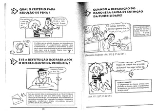 1t>

QUANDO A REPARAÇÃO DO
DANO n:RA CAUSA DE EXTINÇÃO
DA PUNIBILIDADE?

QUAL O CRITÉRIO PARA
REDUÇÃO DE PENA?
Mas você já está com o vaSo
há 3 anos...

Vim restituj~~_
o vaso que

furtei
de
você!

o colega, distraído,

Comentários sobre
o assunto no livro

deixou a gaveta aberta!

Direito Penal ilustrado
Parte
Especial (pag. 318)

o

critério para a redução da pena, em decorrência do
reconhecimento do arrependimento posterior, deve
fundamentar·se na presteza do ressarcimento do dano,
isto é, quanto mais rapidamente for feito tal ressarcimento,
tanto maior será a redução. Quanto mais
o
ressarcimento, menor a redução.

ler

Culposo -Art. 312 § 30 do CP. )

1t>

SE A RESTITUIÇÃO OCQIUUR APÓS
O OFERECIMENTO DA DENÚNCIA?
11:

Passei um cheque sem provisão
de fundos!

Denuncia Fulana
no Art. Tal ...

Vou pagar antes da..

~

denúncia!

<:7
SÚMULA554STF:

"O pagamento de cheque emitido sem
provisão de fundos, após o recebimento
da denúncia, não obsta o prosseguimento

da ação penal"

tf::,

Sem que ocorram todos os pressupostos do art. 16 do CP, não se
aplica a redução da pena que, entre outros, exige-se que a
restituição da coisa 'se faça, voluntariamente, até o recebimento da
denuncia ou da queixa. Se a reparação for posterior e anteceder o
julgamento, constituir-se-á simples circunstância atenuante
genérica (art. 65.III.b. última parte).

86

(Art. 171, § 2°, VI do CP.)

87

 