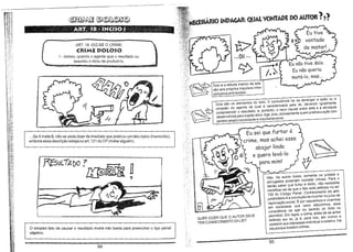 ~~
•

• •
ECEssÁmo INDAGAR: QUAL VONTADE 00 AUTOR?)')

'. '< : -::;~o,':. ~«j;~:-ií~l-[~E,_~,,:t-· ~:;_,~~?~ Jr:-s;-,Ji:~-i';,.:_
ART 18 -DIZ-SE O CRIME:

(lUME DOlO$O
I - doloso, quando o agente quis o resultado ou
assumiu o risco de produzi-lo.

/)

't> t:~
-

Eu não tive dolo.
Eu não queria

matá-lo, mas. __

Dolo é a atitude interior de adesão aos próprios impulsos intrapsíquicos anti-sociais.

r,;::Jl

c[

!3 -/J
•

1t

~

00'15 são os elementos do dolo. A cqnsciência há de abranger a ação ou a
omissão do agente tal qual é caracterizada pela lei, devendo igualmente
compreender o resultado, e, portanto, o nexo causal entre este e a atividade
desenvolvida pelo sujeito aflvo.Age, pois, dolosamente quem pratica a ação (em
sentido amplo) consciente e voluntariamente .

Eu sei que furtar é
crime, maS achei esse
abajur lindo
e quero levá-lo
para mim!

...Se A mata B, não se pode dizer de imediato que praticou um fato típico (homicídiol.
embora essa descrição esteja no art. 121 do CP (matar alguém).

RfSULíADO

?
~~ ~

~

V

Não. Se assim fosse, somente os juristas e
advogados poderiam cometer crimes. Para o
ladrão saber que furtar é delito, não necessita
cientificar-se de que o fato está definido no art.
155 do Código Penal. Conhecimento da antijuridicidade é a convicção de incorrer no juízo de
reprovação social. É por nascermos e vivermos

em sociedade que cedo adquirimos essa
consciência de agir no sentido do lícito ou

o

QUER DIZER QUE
AUTOR DEVE
TER CONHECIMENTO DA LEI?

O simples fato de causar o resultado morte não basta para preencher o tipo penal
objetivo.

permitido. Em regra, o crime, antes de se achar
definido em lei, já é, para nós, ato nocivo e
contrário aoS interesses individual e coletivo. Há
leis porque existem crimes.

95

94

 